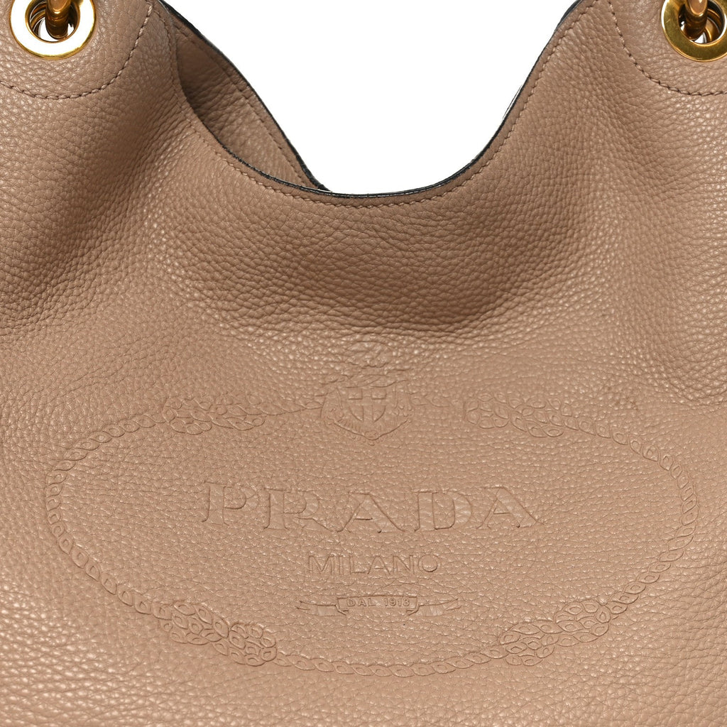 Prada Vitello Phenix Embossed Logo Hobo Caramel