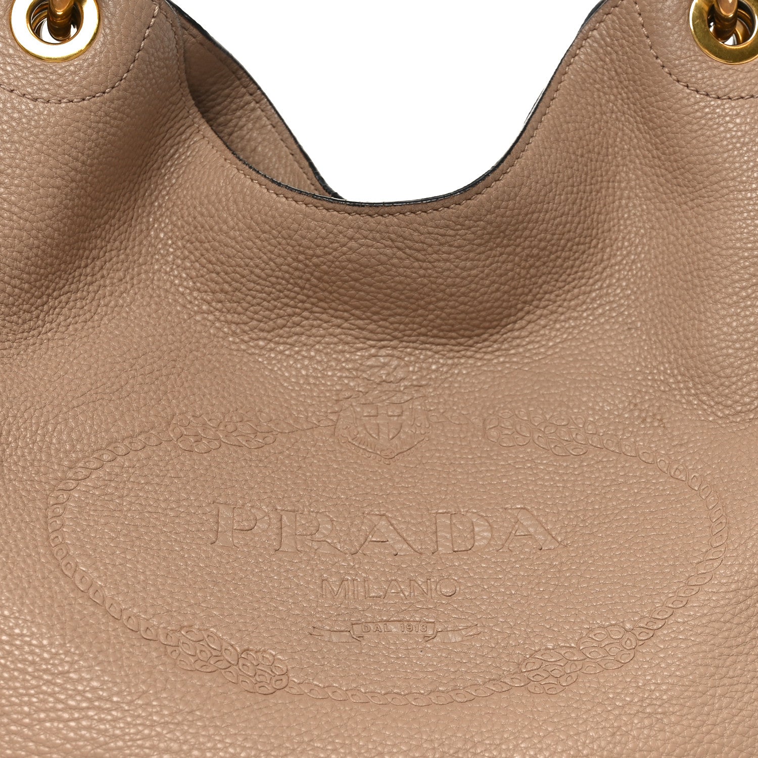Prada Vitello Phenix Embossed Logo Hobo Caramel
