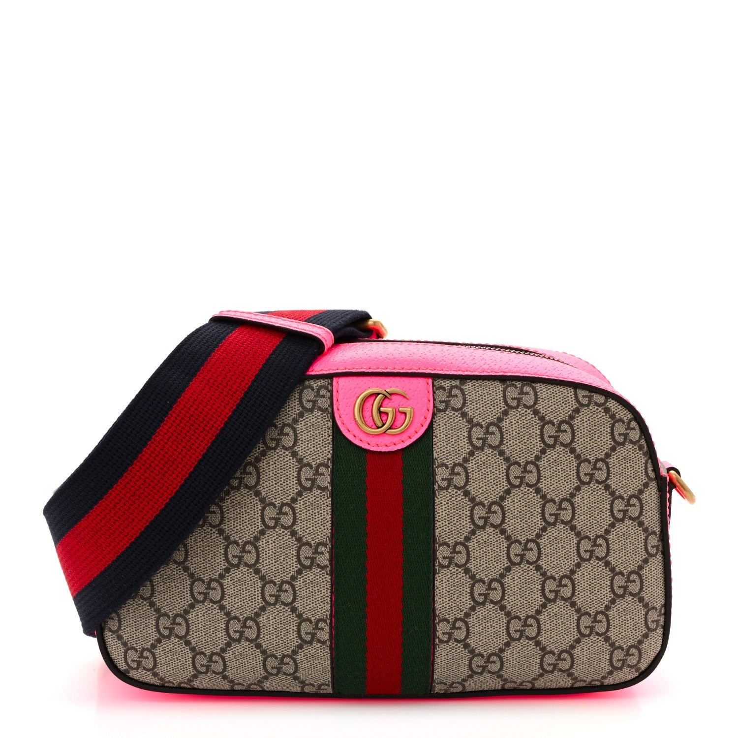 Gucci GG Supreme Monogram Textured Dollar Calfskin Web Ophidia Small Crossbody Bag Beige Ebony Fuchsia