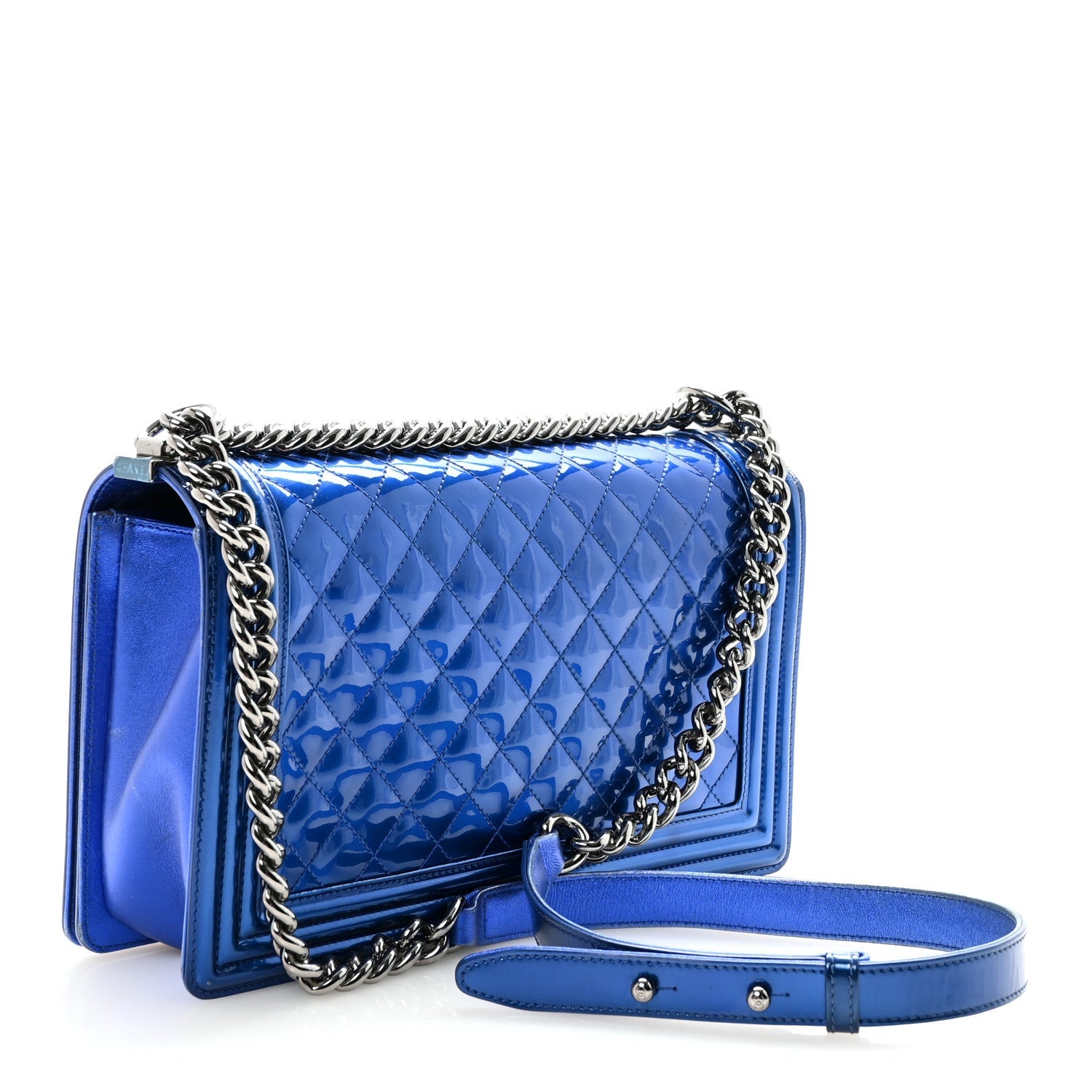 Chanel Metallic Patent Quilted New Medium Boy Flap Blue