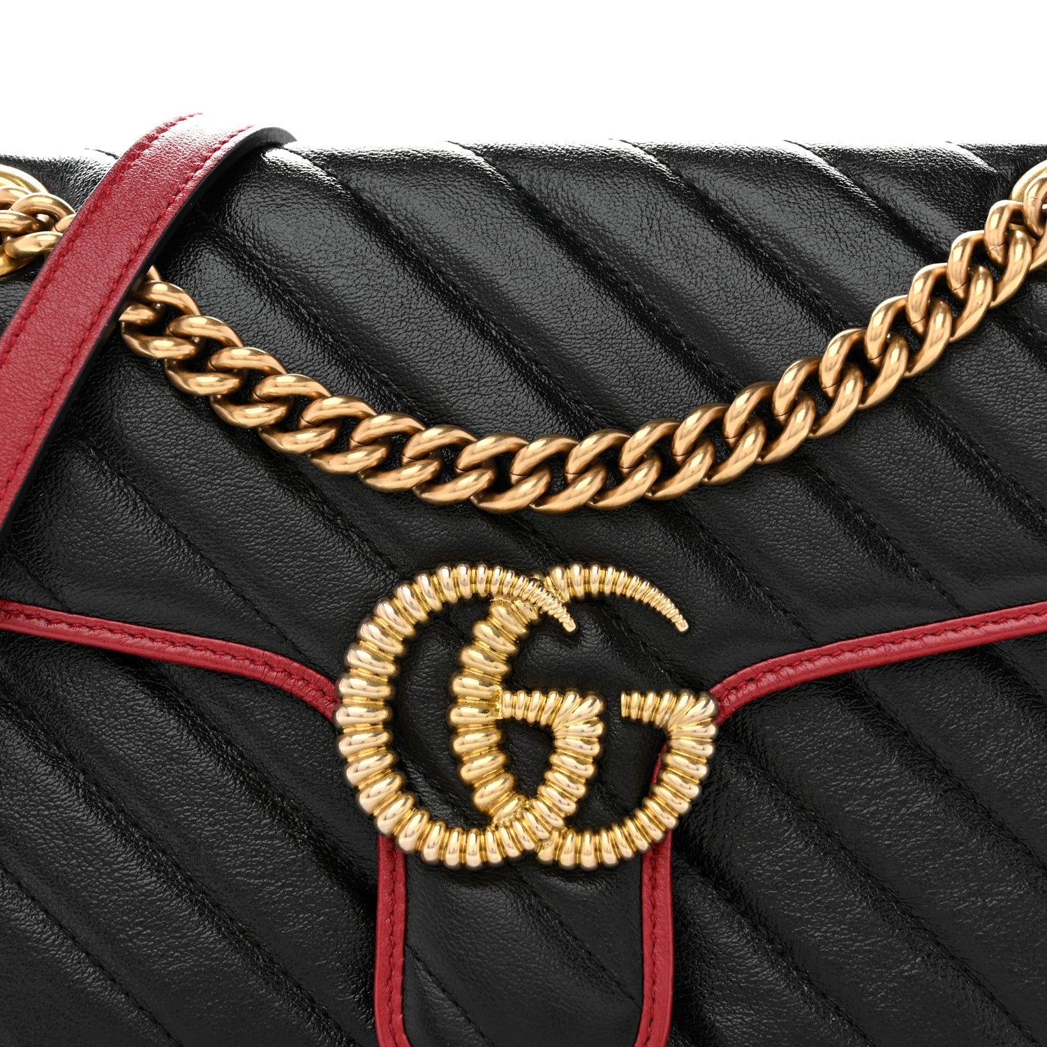 Gucci Vintage Effect Calfskin Matelasse Diagonal Small Torchon GG Marmont Shoulder Bag Black Romantic Cherry