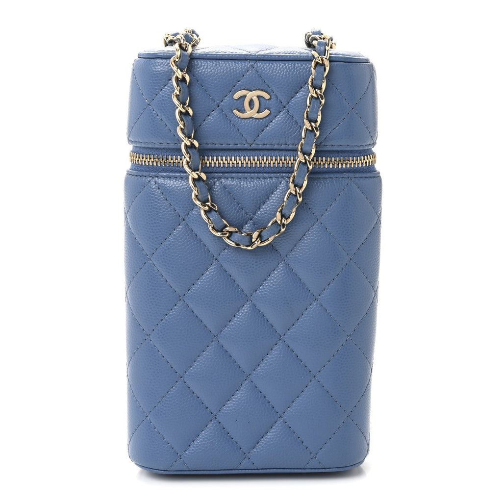 Chanel Caviar Quilted Phone Holder With Chain Blue