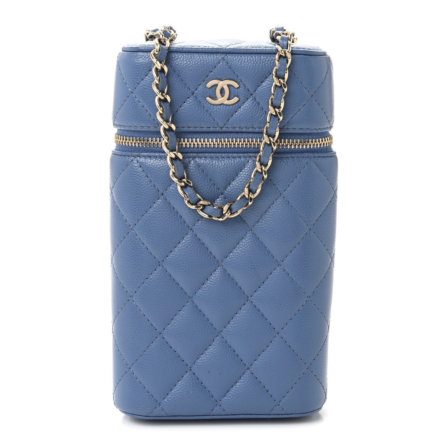 Chanel Caviar Quilted Phone Holder With Chain Blue