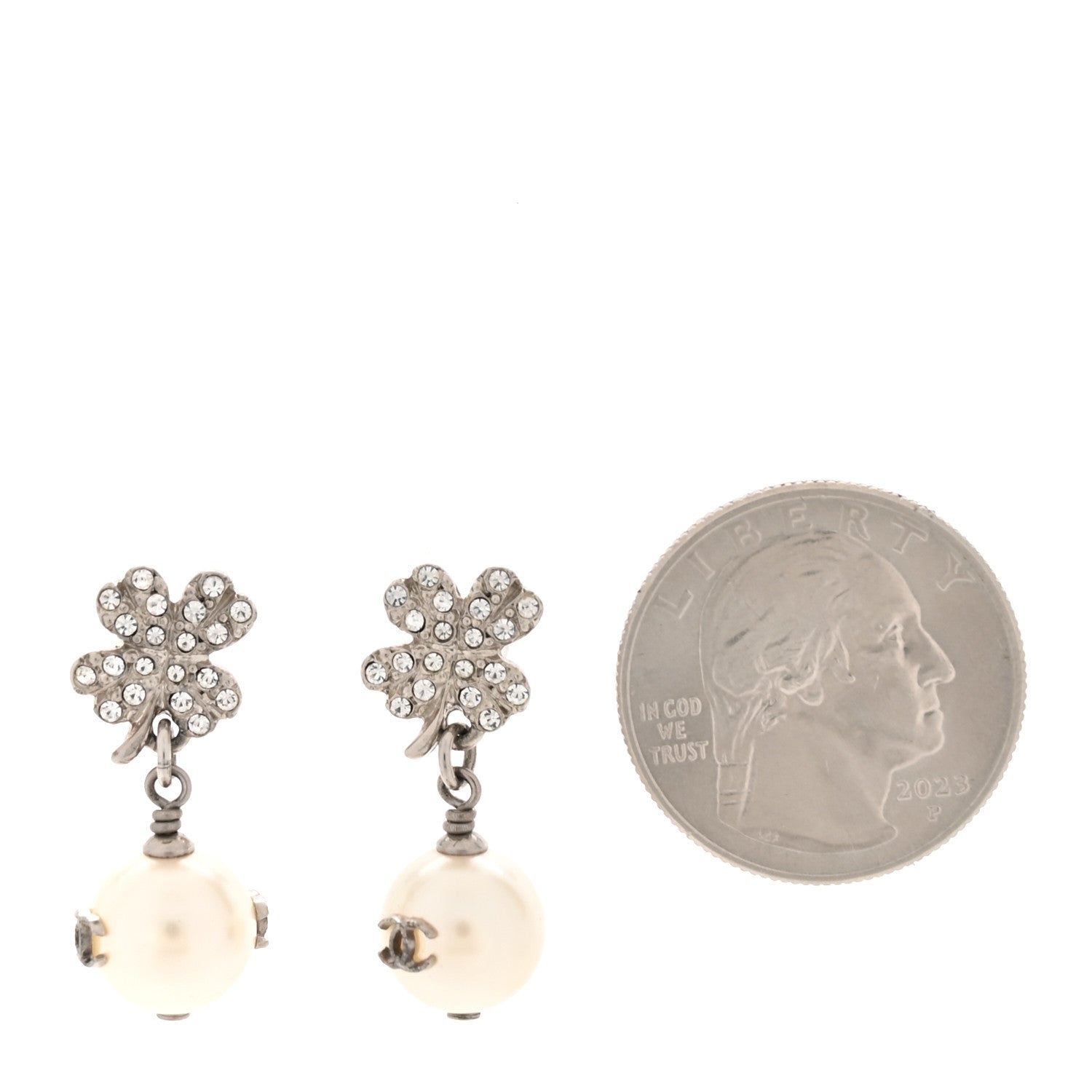 Crystal Pearl CC Clover Drop Earrings Silver