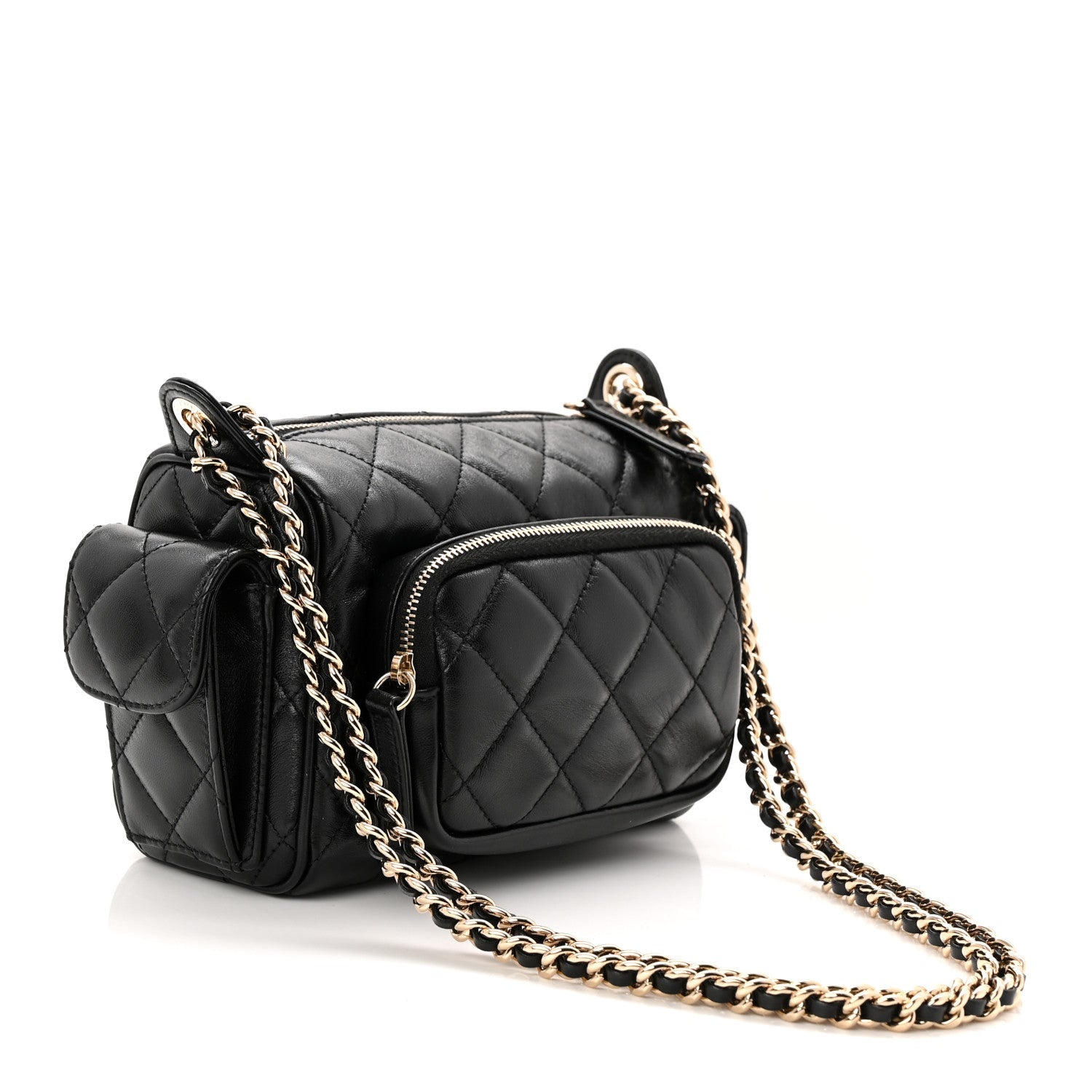 Chanel Shiny Crumpled Lambskin Quilted Small Preppy Pocket Camera Case Black