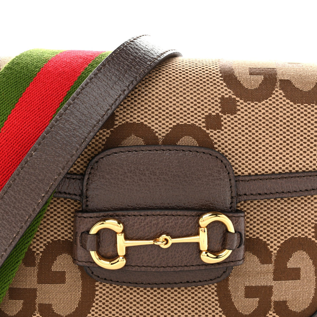 Gucci Monogram Jumbo GG Textured Dollar Calfskin Web Mini Horsebit 1955 Shoulder Bag Camel Ebony New Acero