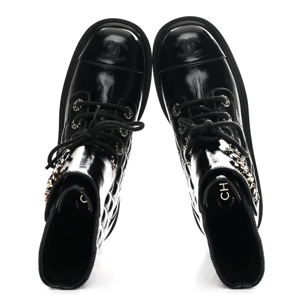 Chanel Shiny Calfskin Quilted Lace Up Combat Boots 36.5 Black