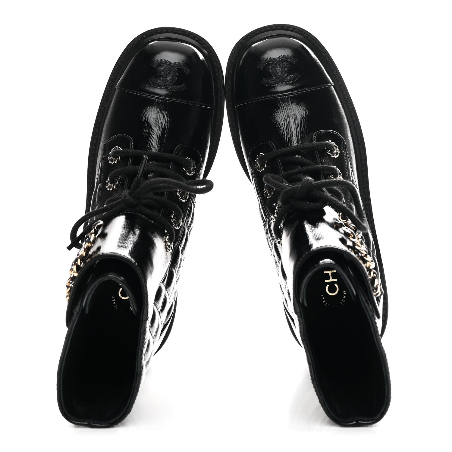 Chanel Shiny Calfskin Quilted Lace Up Combat Boots 36.5 Black