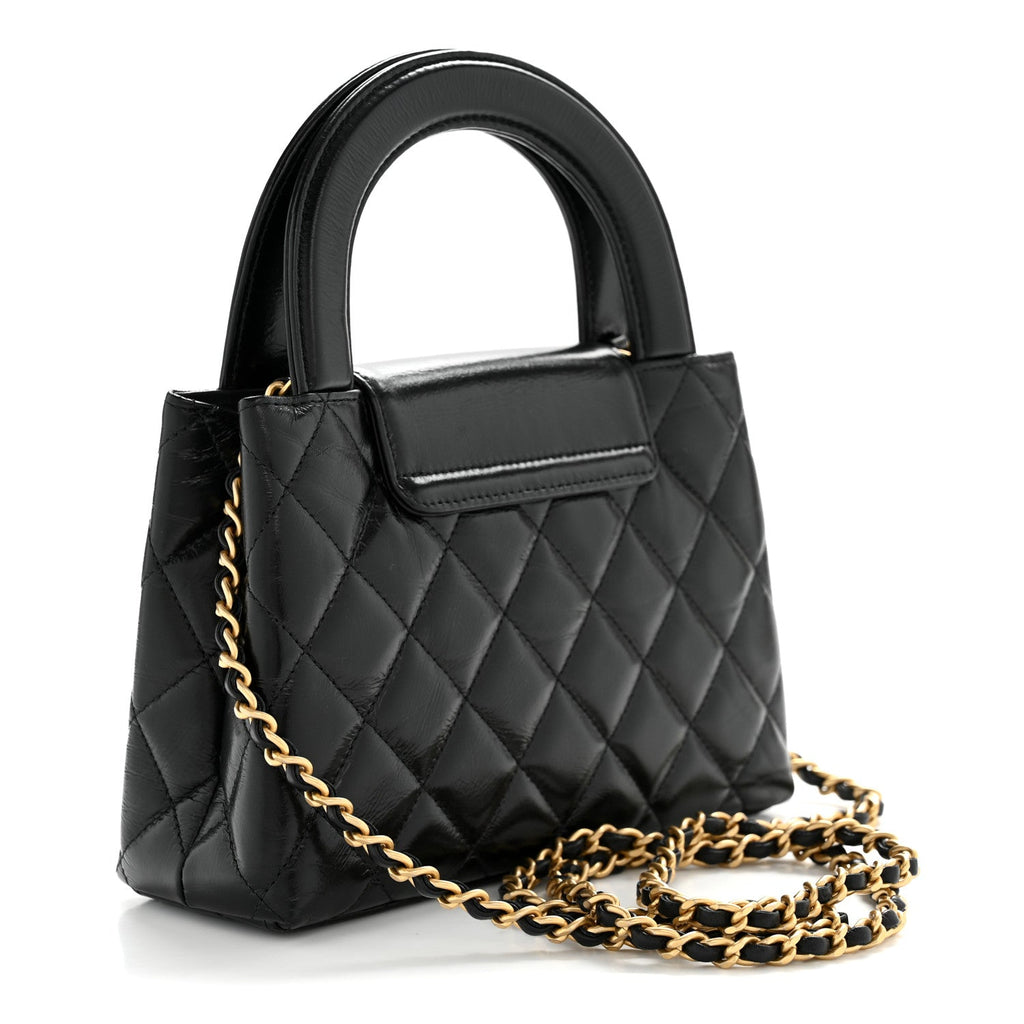 Chanel Shiny Aged Calfskin Quilted Nano Kelly Shopper Black