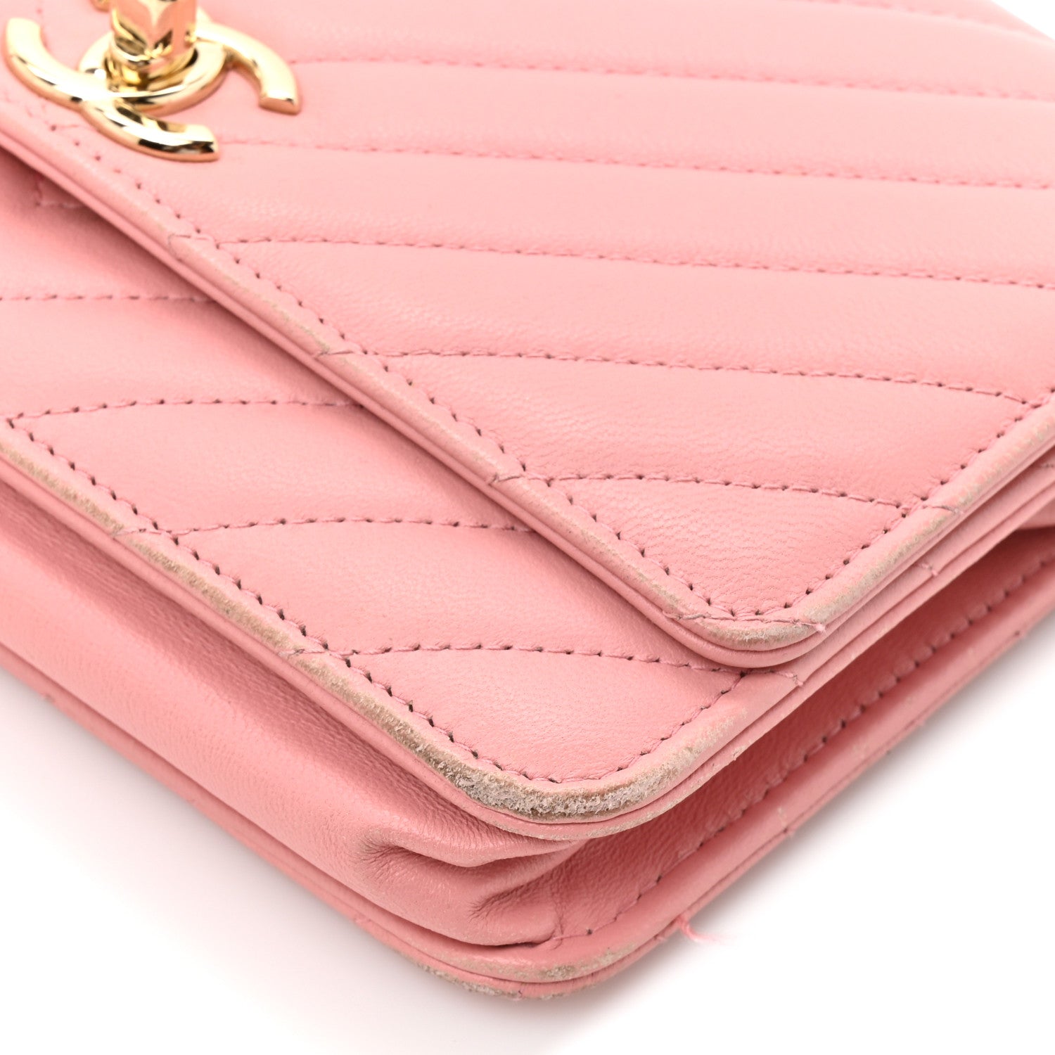 Chanel Lambskin Chevron Quilted Trendy CC Wallet On Chain WOC Pink