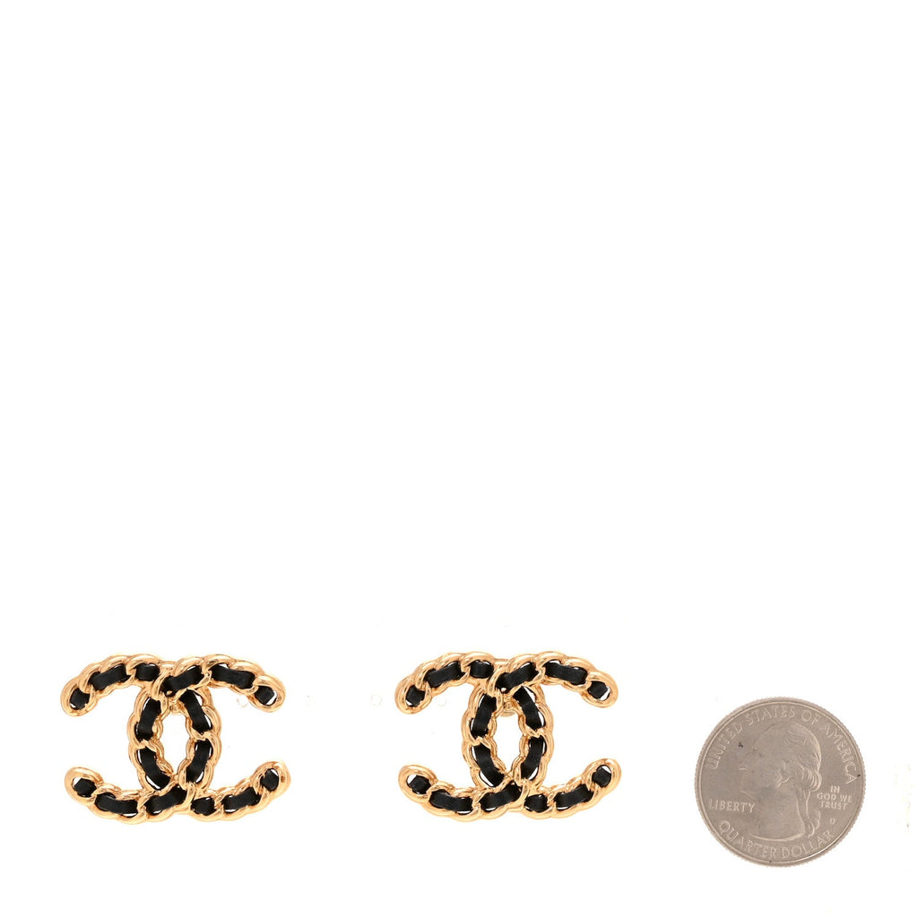 Lambskin CC Chain Earrings Black Gold