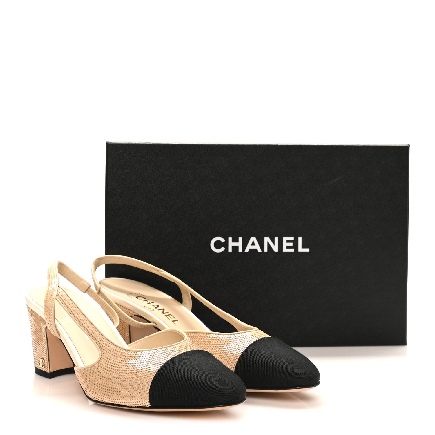 Chanel Sequin Grosgrain Cap Toe CC Slingback Pumps 40 Beige Black
