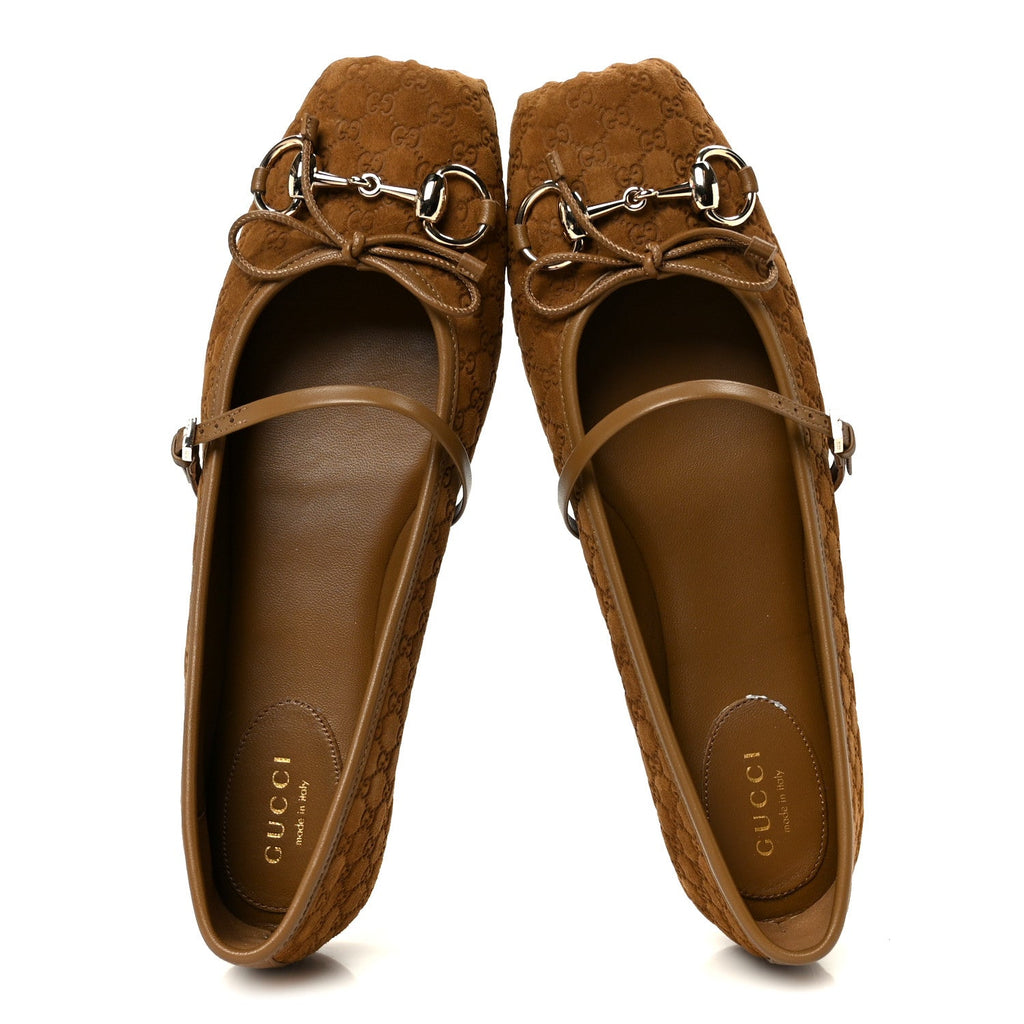 Gucci Kid Scamosciato Micro GG Monogram Horsebit Ballet Flats 37.5 Cuoio Dafne