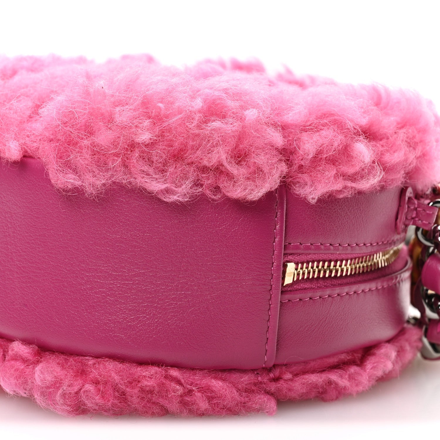 Chanel Shearling Sheepskin Chanel 19 Round Clutch With Chain Dark Pink