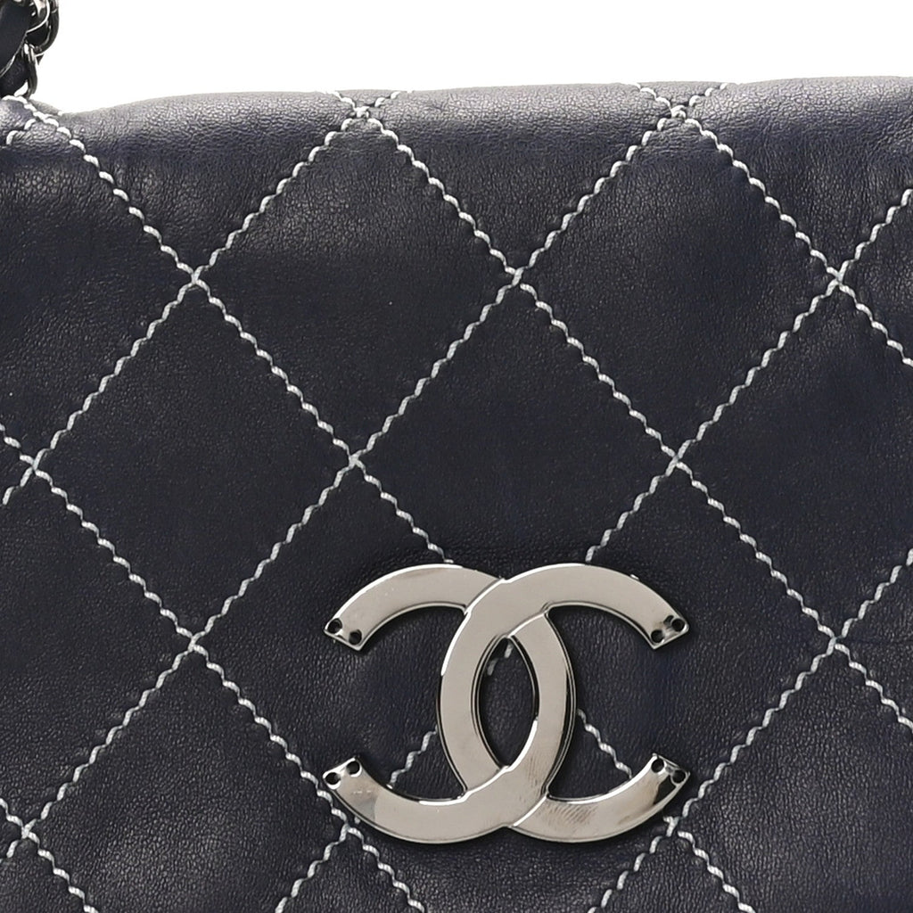 Chanel Lambskin Contrast Stitch Small Surpique Accordion Flap Navy