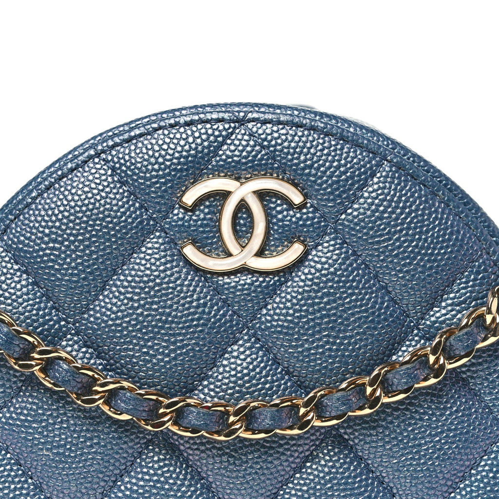 Chanel Iridescent Caviar Quilted Round Clutch With Chain Blue