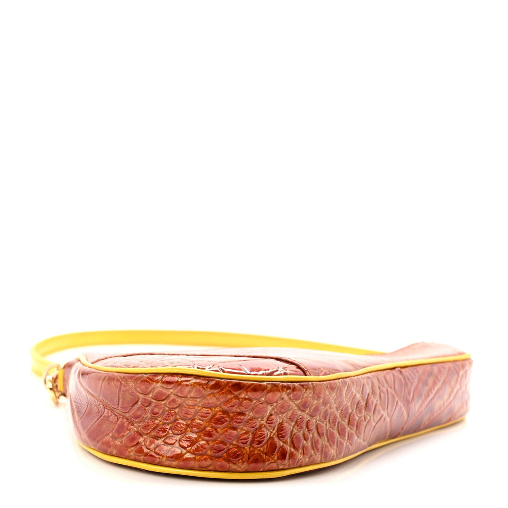 Christian Dior Patent Calfskin Crocodile Embossed Mini Saddle Pochette Orange