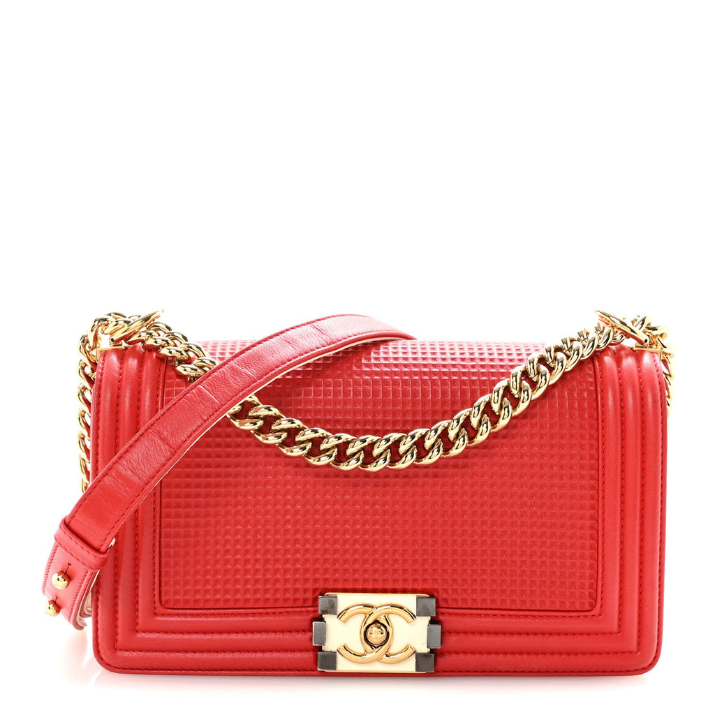 Chanel Lambskin Embossed Medium Boy Cube Flap Red