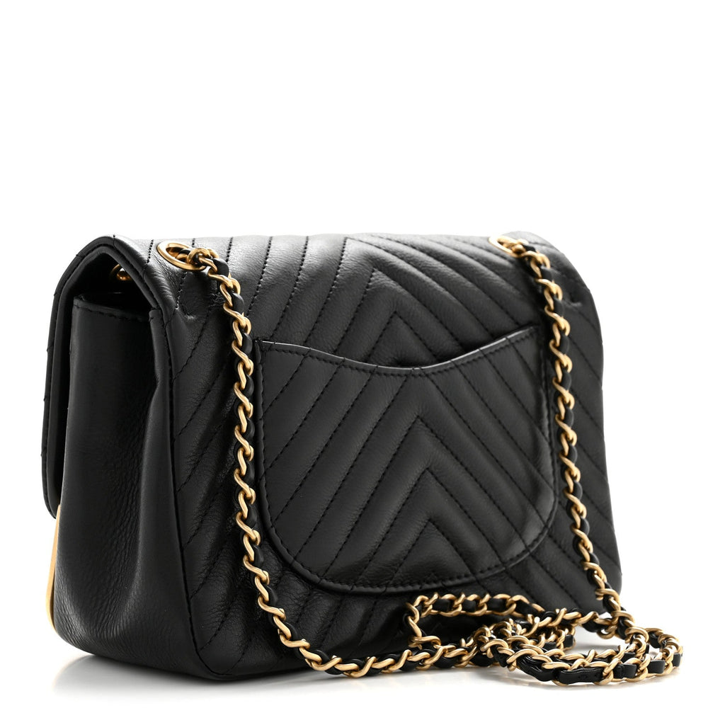 Chanel Calfskin Chevron Quilted Mini Rock The Corner Flap Black
