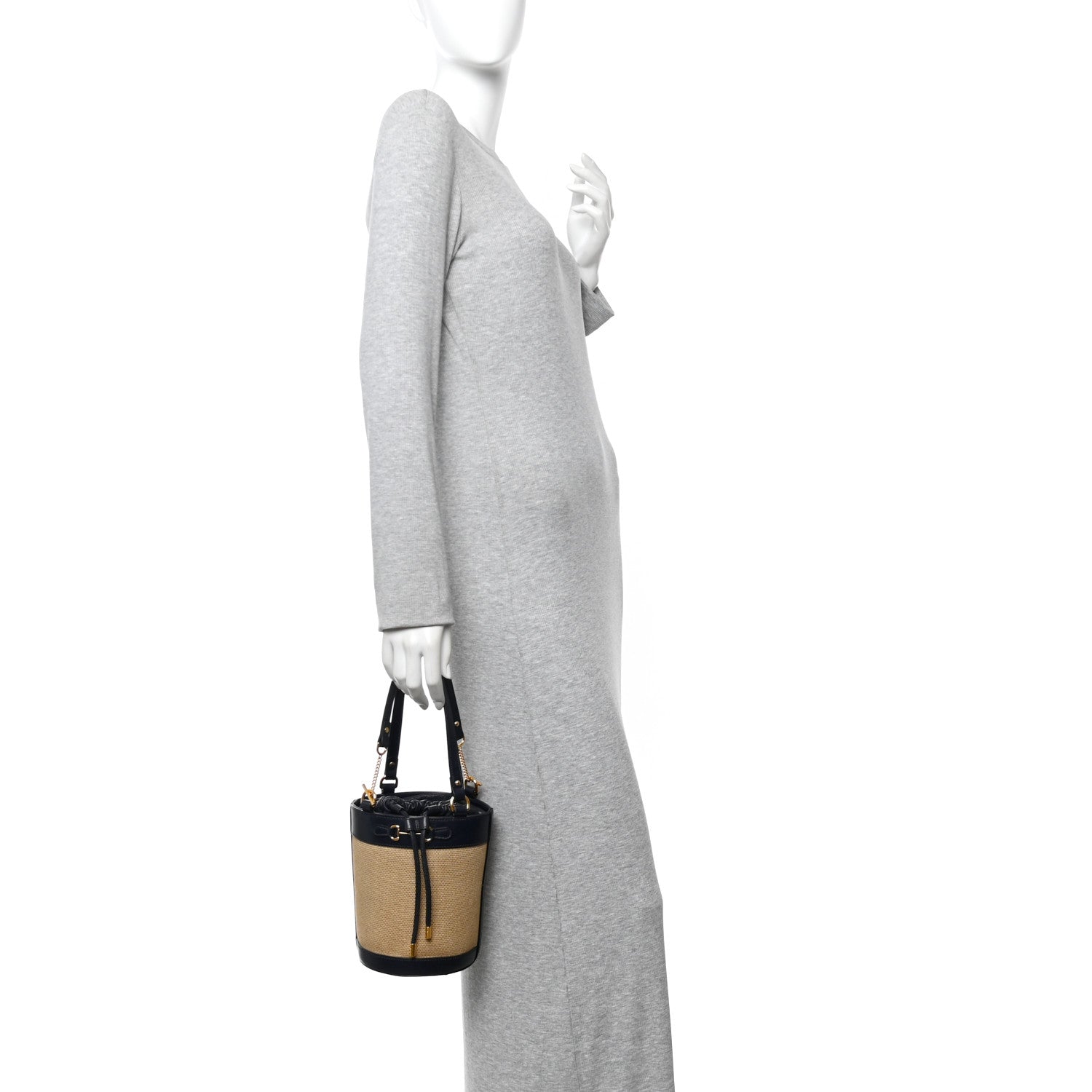 Gucci Canvas Calfskin Small Horsebit 1955 Drawstring Bucket Bag Natural Black