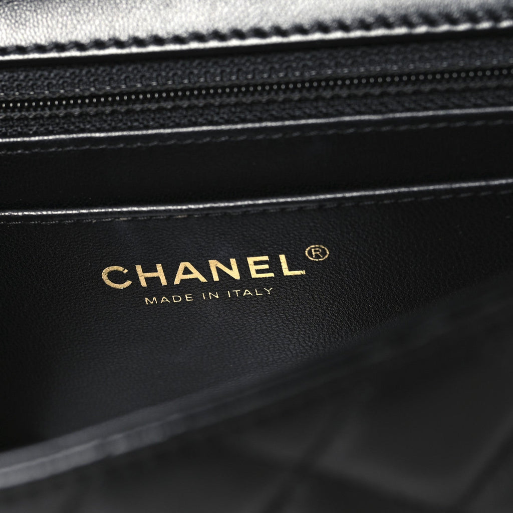 Chanel Lambskin Quilted Mini Crystal Top Handle Rectangular Flap Black