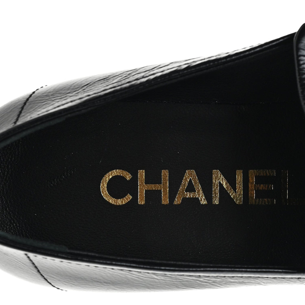 Chanel Shiny Calfskin Logo Loafers 36.5 Black