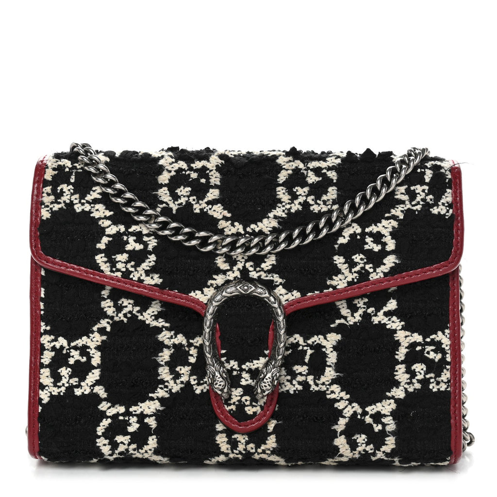 Gucci Tweed GG Monogram Mini Dionysus Chain Wallet Black White Romantic Cherry