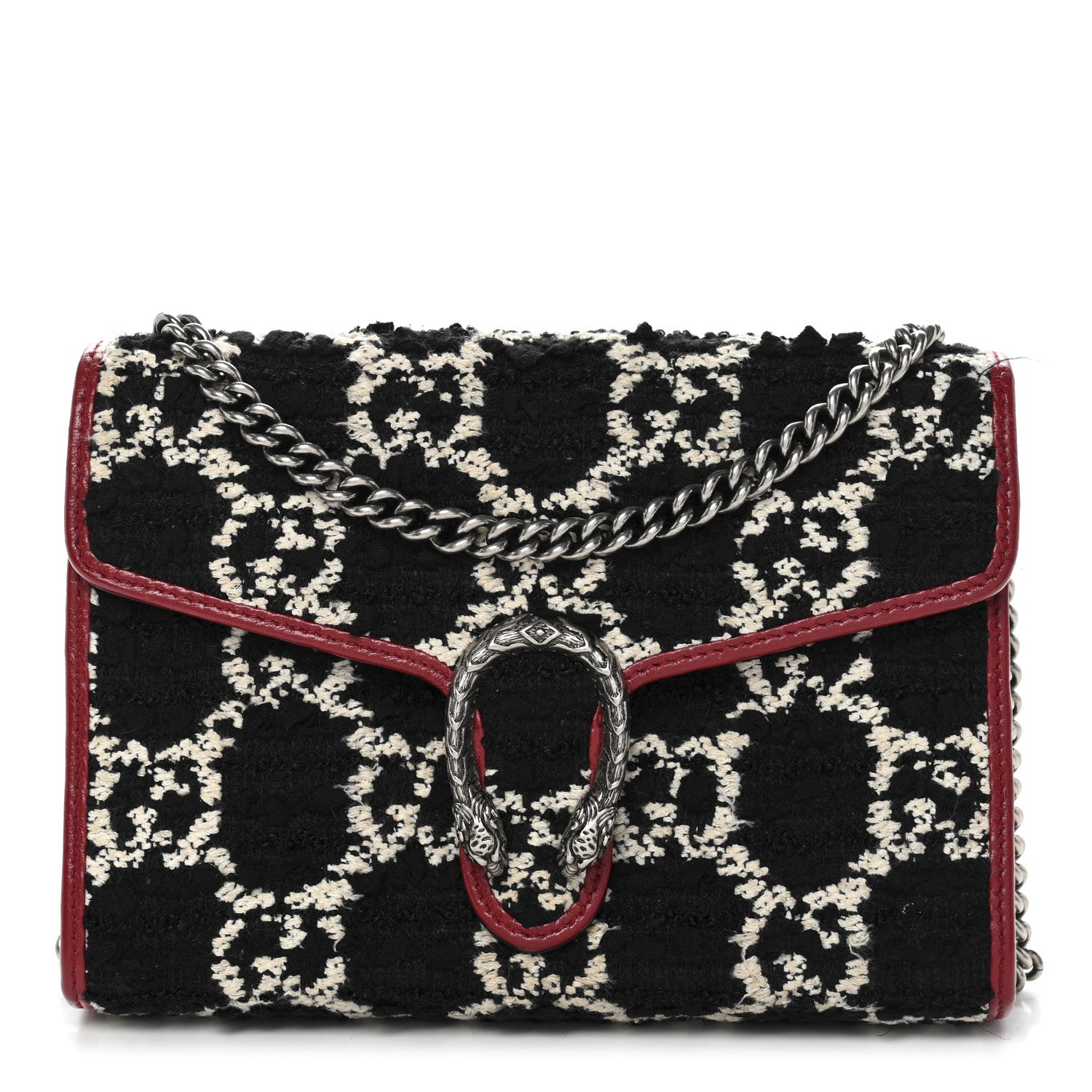Gucci Tweed GG Monogram Mini Dionysus Chain Wallet Black White Romantic Cherry