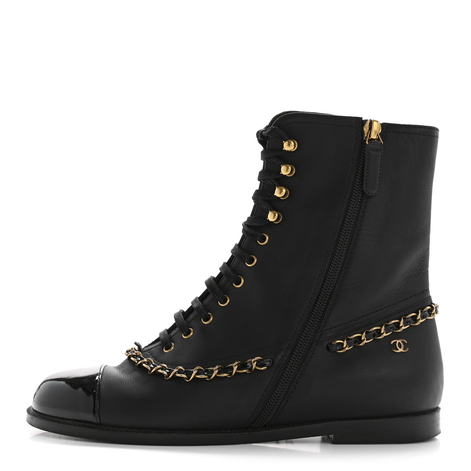 Calfskin Chain Lace Up Boots 36.5 Black