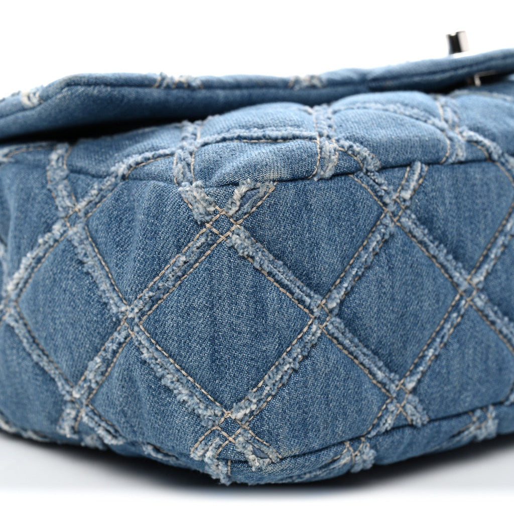 Chanel Frayed Denim Quilted Large Blue Chip Flap Blue