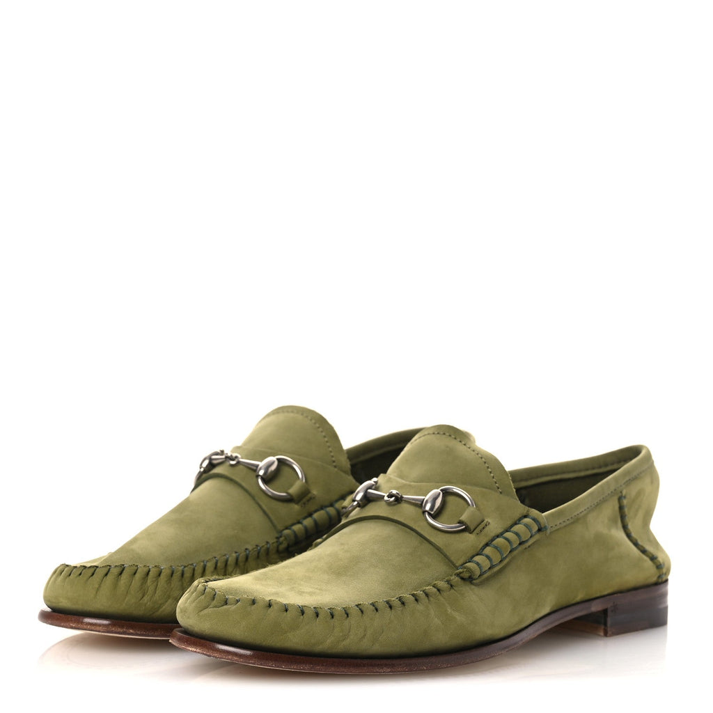 Gucci Nubuck Womens Horsebit Loafers 37 Herbs Light Green