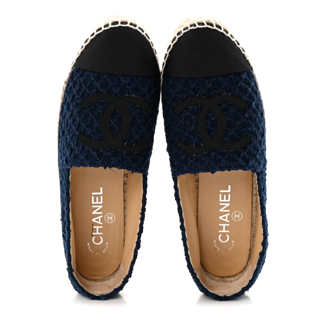Chanel Tweed Grosgrain CC Espadrilles 37 Navy Black