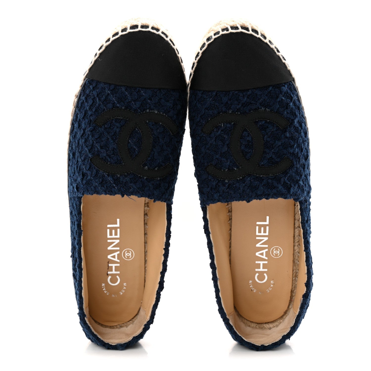 Chanel Tweed Grosgrain CC Espadrilles 37 Navy Black