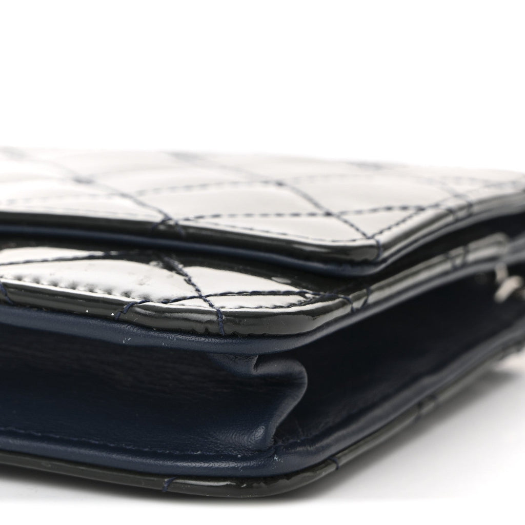 Chanel Patent Quilted Wallet On Chain WOC Navy Blue