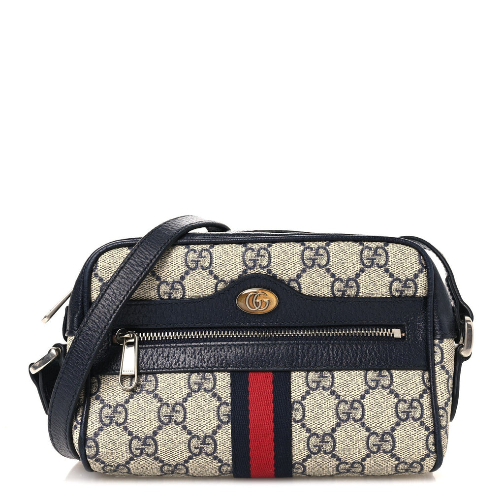 Gucci GG Supreme Monogram Textured Dollar Calfskin Web Mini Ophidia Shoulder Bag Beige Blue