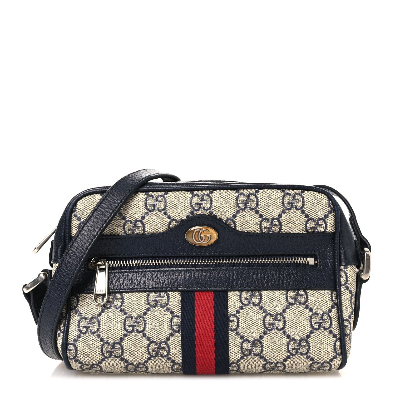 Gucci GG Supreme Monogram Textured Dollar Calfskin Web Mini Ophidia Shoulder Bag Beige Blue