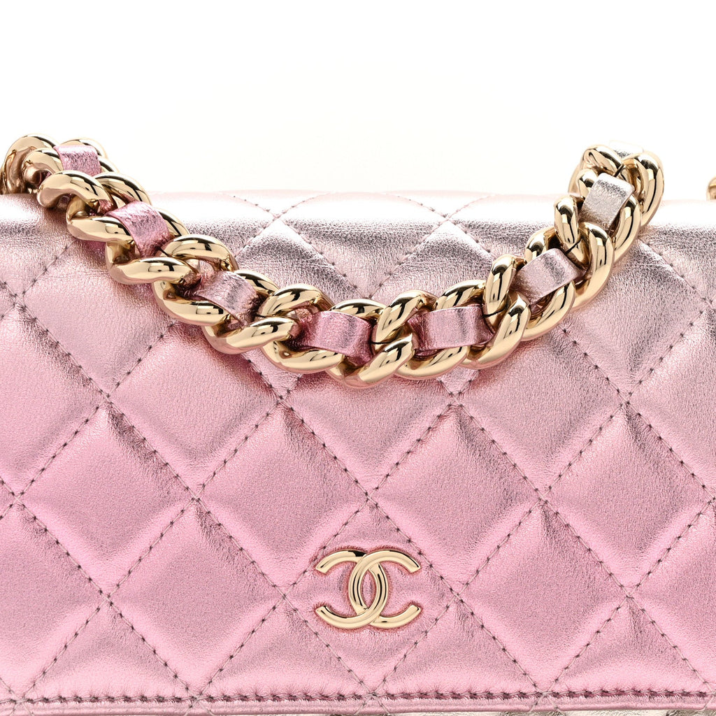 Chanel Gradient Metallic Lambskin Quilted Like A Wallet Wallet On Chain WOC Gold Pink