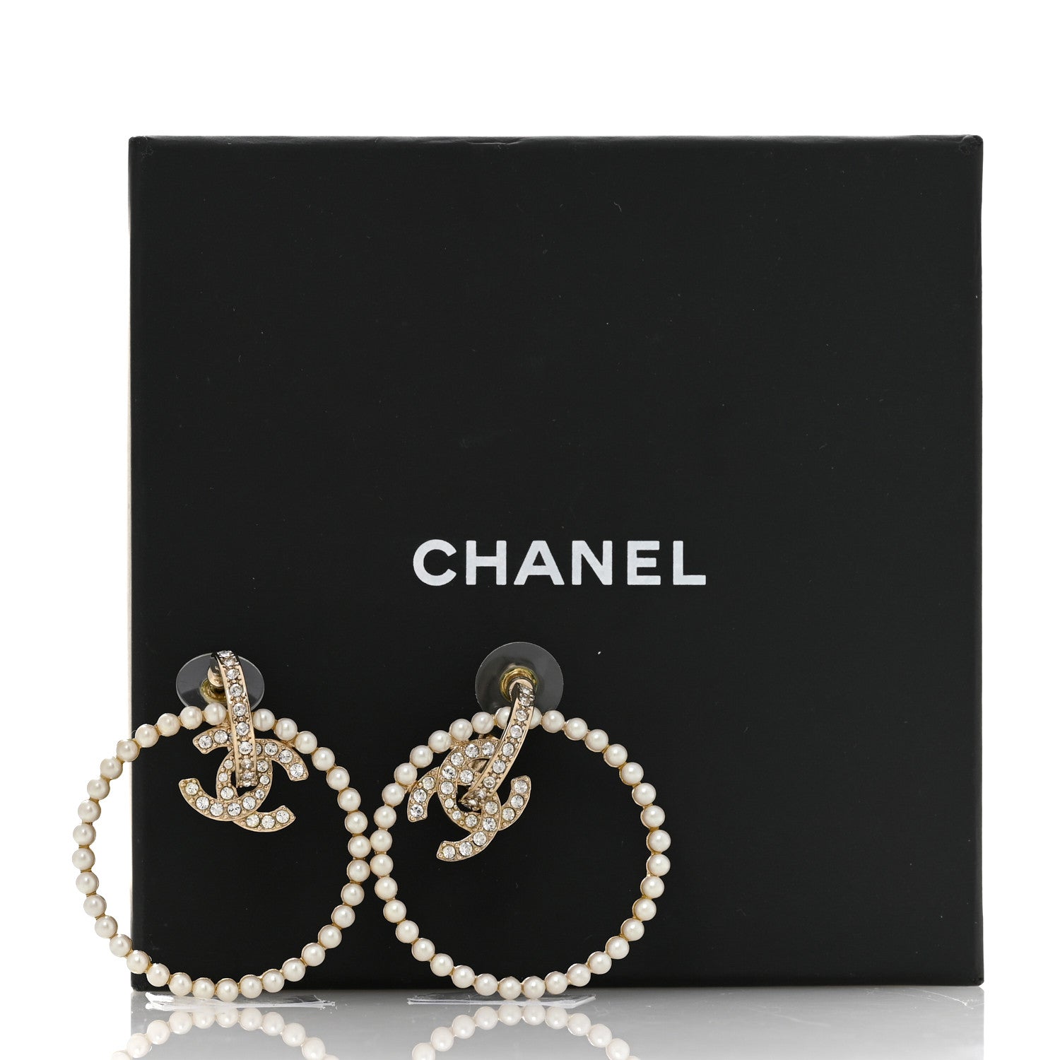 Crystal Pearl CC Door Knocker Hoop Earrings Gold Pearly White