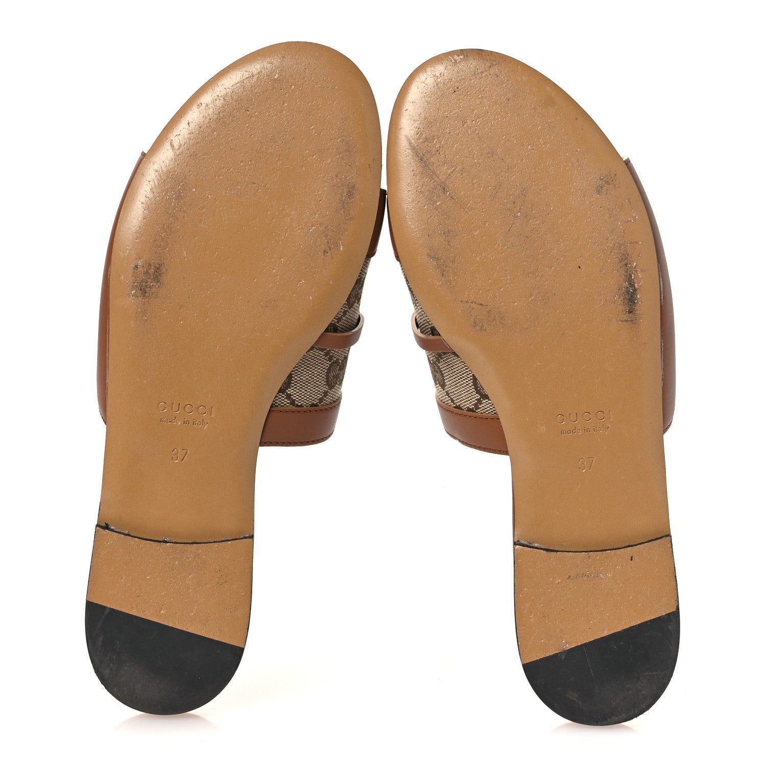 Gucci Calfskin Monogram Horsebit Womens Slide Sandals 37 Beige Ebony Sundial