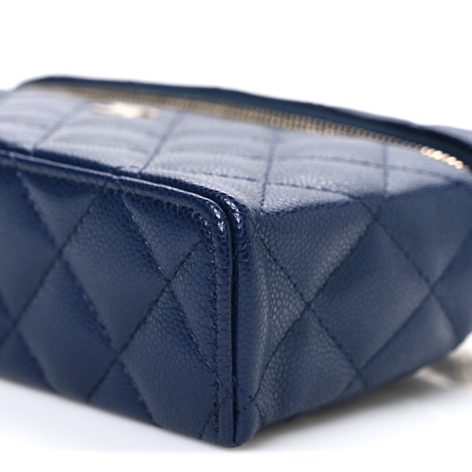 Chanel Caviar Quilted Top Handle Slim Vanity With Chain Navy