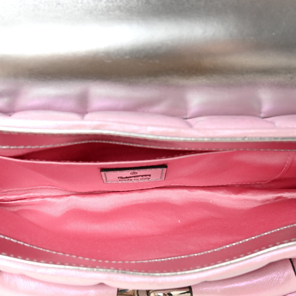 Gucci Iridescent Nappa Vertical Matelasse Medium Maxi Horsebit Chain Shoulder Bag Escape Pink