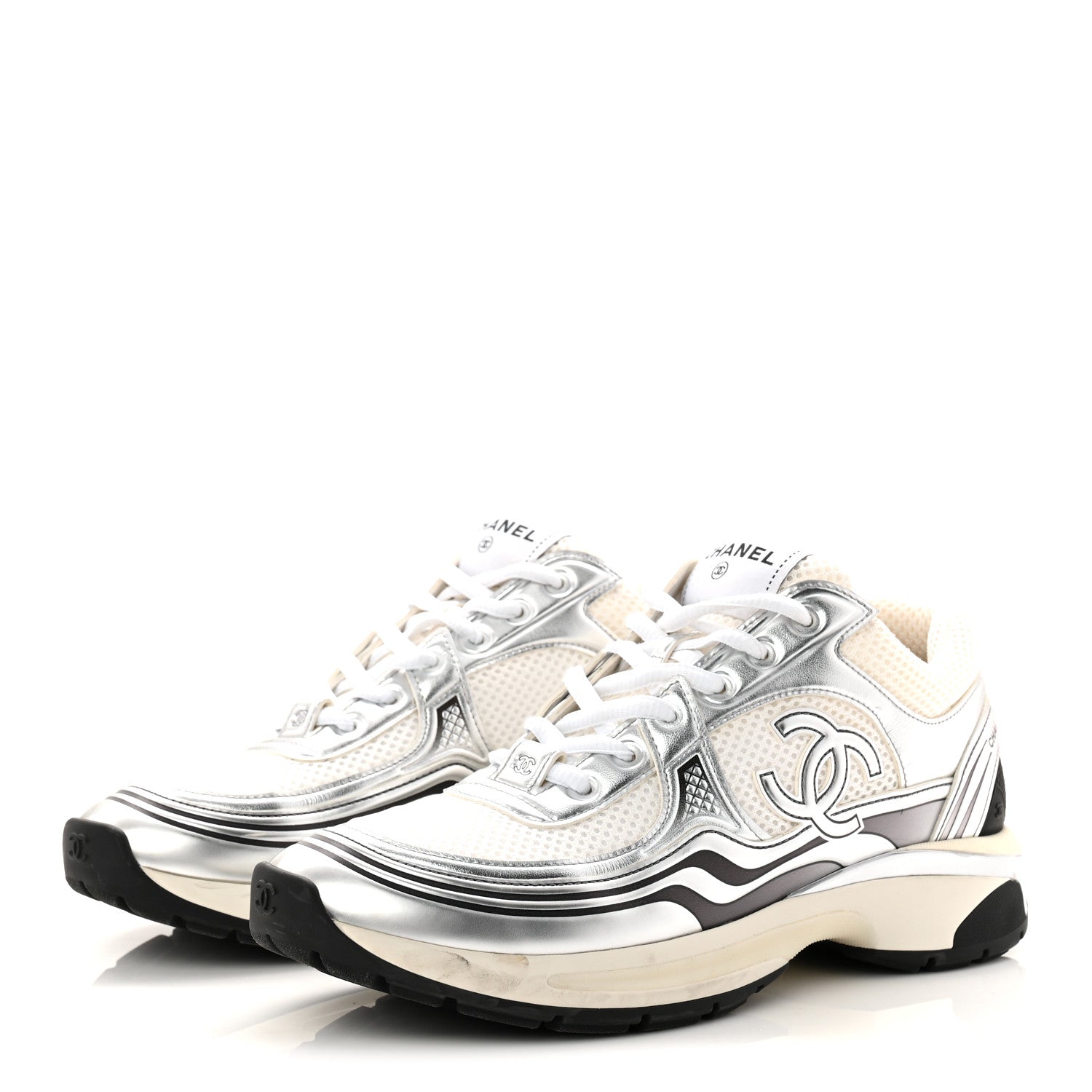 Fabric Laminated Calfskin Stretch CC Womens Sneakers 40 White Silver