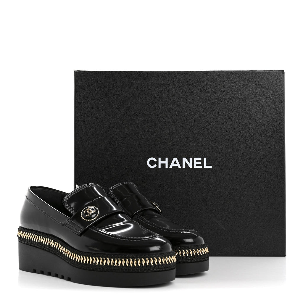 Chanel Shiny Calfskin Platform Loafers 37 Black