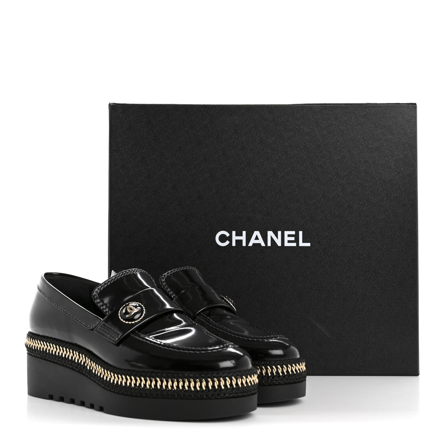 Chanel Shiny Calfskin Platform Loafers 37 Black