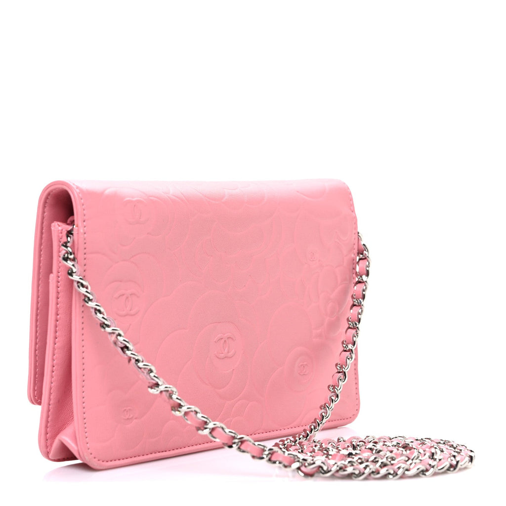 Chanel Lambskin Camellia Embossed Wallet on Chain WOC Pink