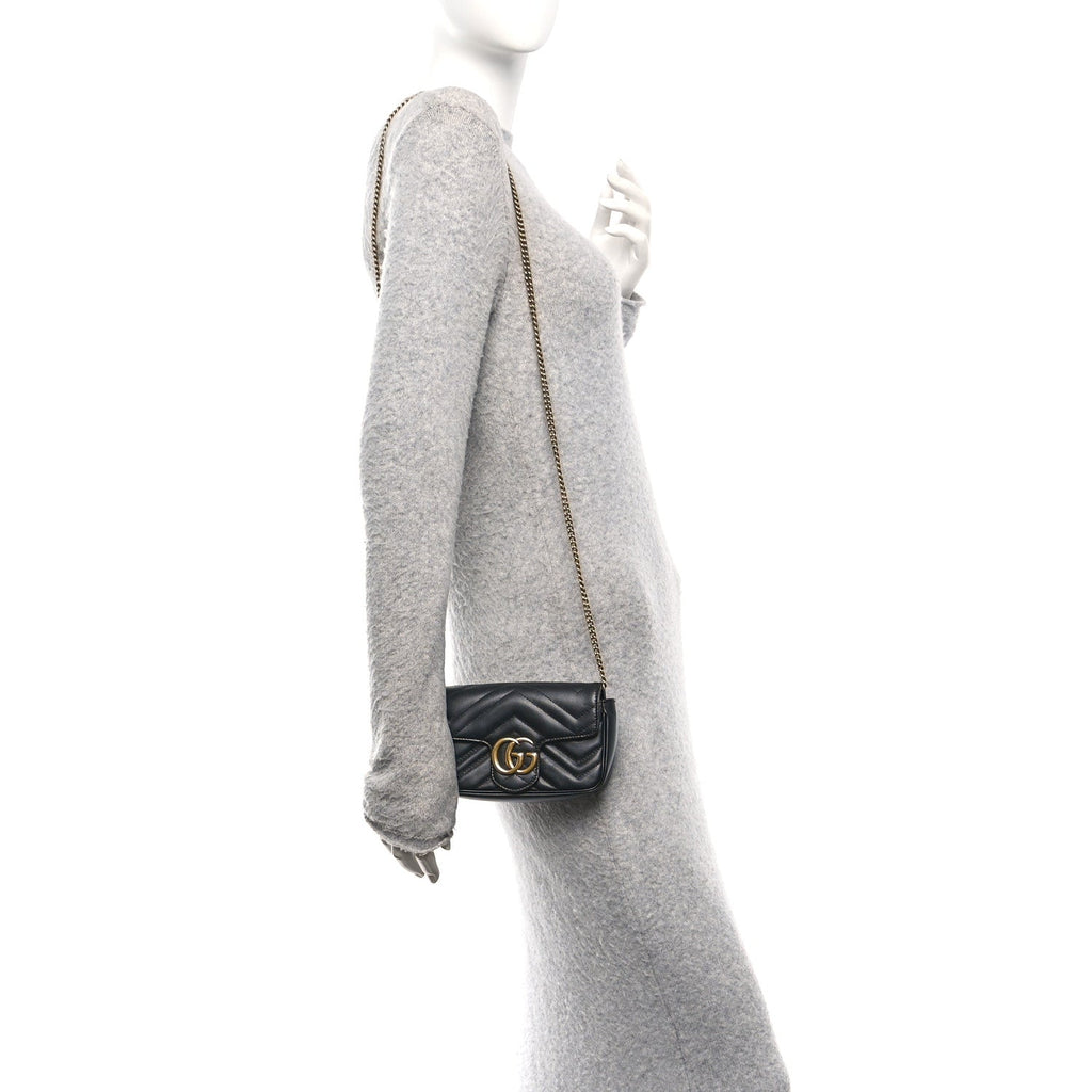 Gucci Calfskin Matelasse Super Mini GG Marmont Shoulder Bag Black