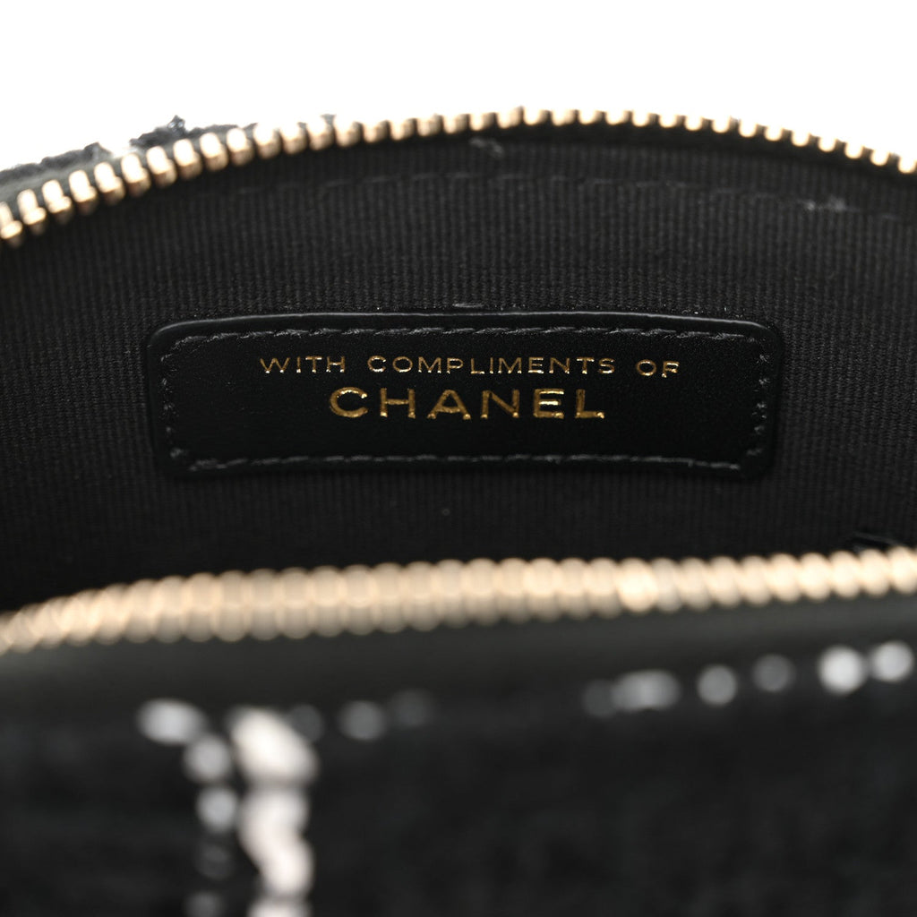 Chanel Tweed Quilted Mini Clutch With Chain Black White