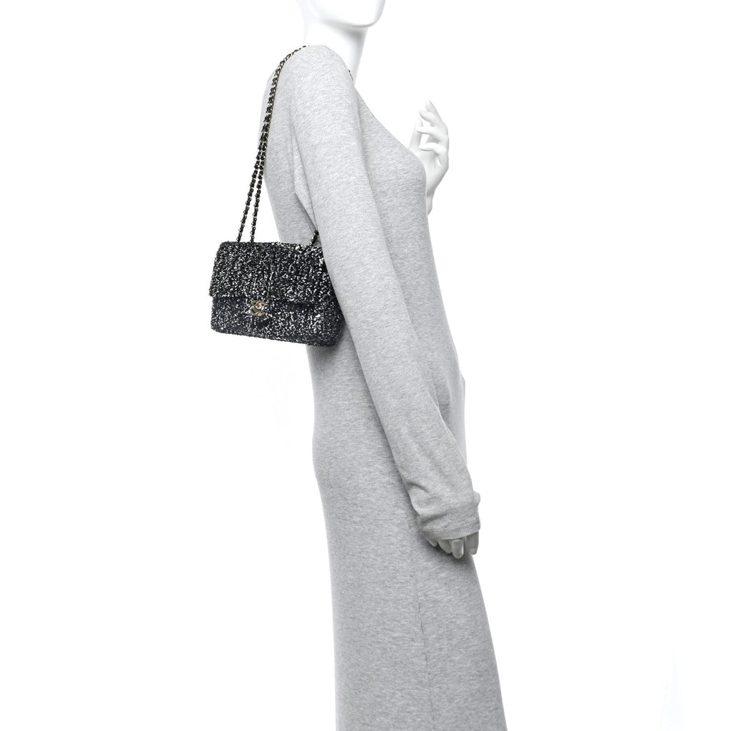 Chanel Sequin Quilted Small Single Flap Black White Grey