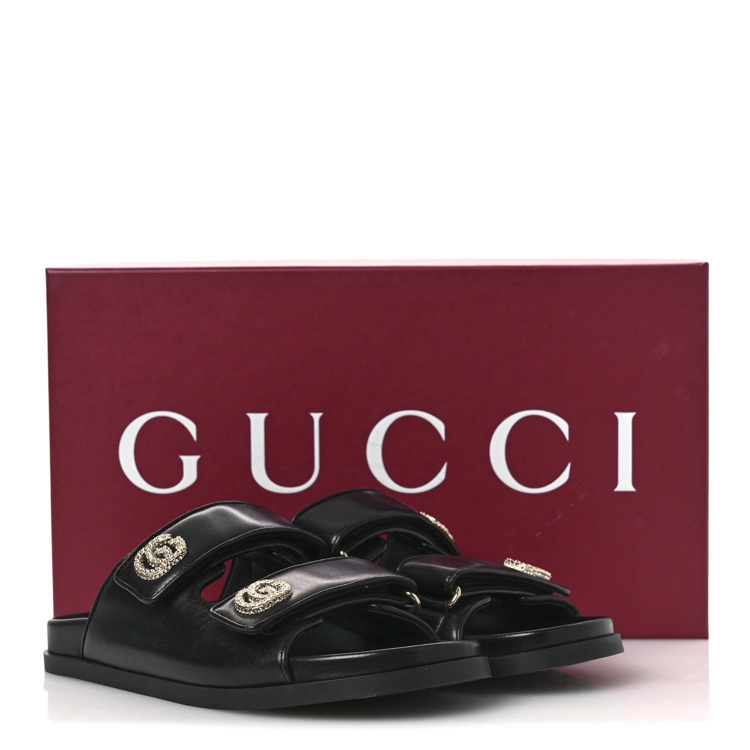 Gucci Nappa Double G Crystal Womens Isla Dad Sandals 38 Black