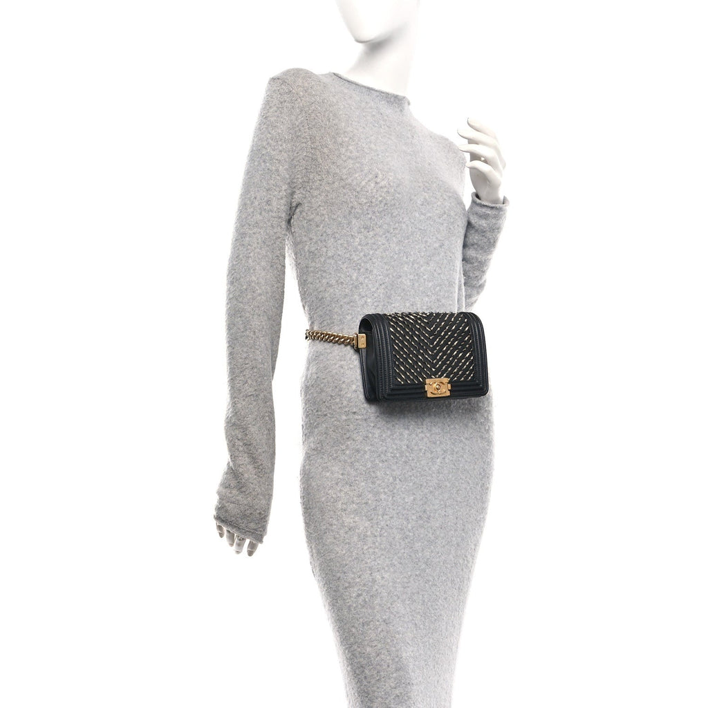 Chanel Calfskin Chevron Embroidered Boy By The Sea Flap Waist Belt Bag Black